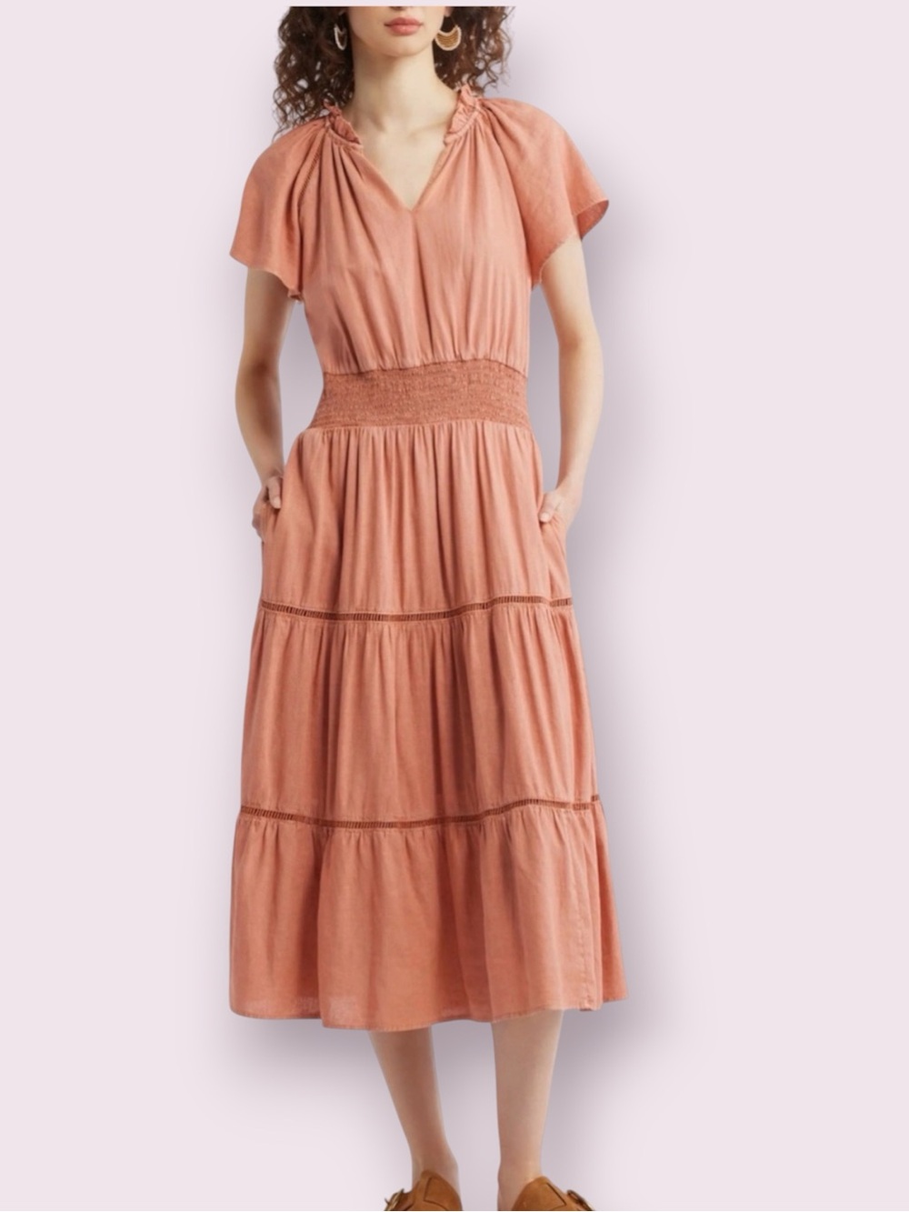 Treasure & Bond Boho Cottagecore Linen Blend Long Midi Dress Ladder Insert Small
